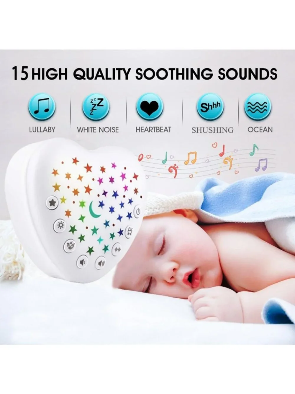 Portable White Noise Machine & Baby Sleep Soother with 15 Sounds, Night Light